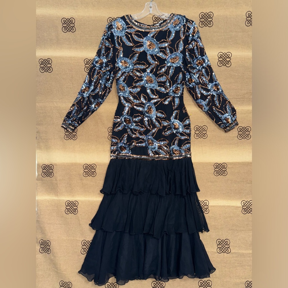 Swee Lo New York 1980' Beaded Black Silk  Floral Dress With Tiered Ruffle Skirt